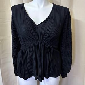 Express Black Pleated Balloon Sleeve Cinch Tie Waist Peasant Blouse Size XL